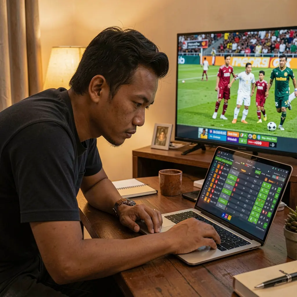 Focused Indonesian sports bettor analyzing live soccer odds on a laptop with SP6666 while watching match highlights on TV in a cozy room